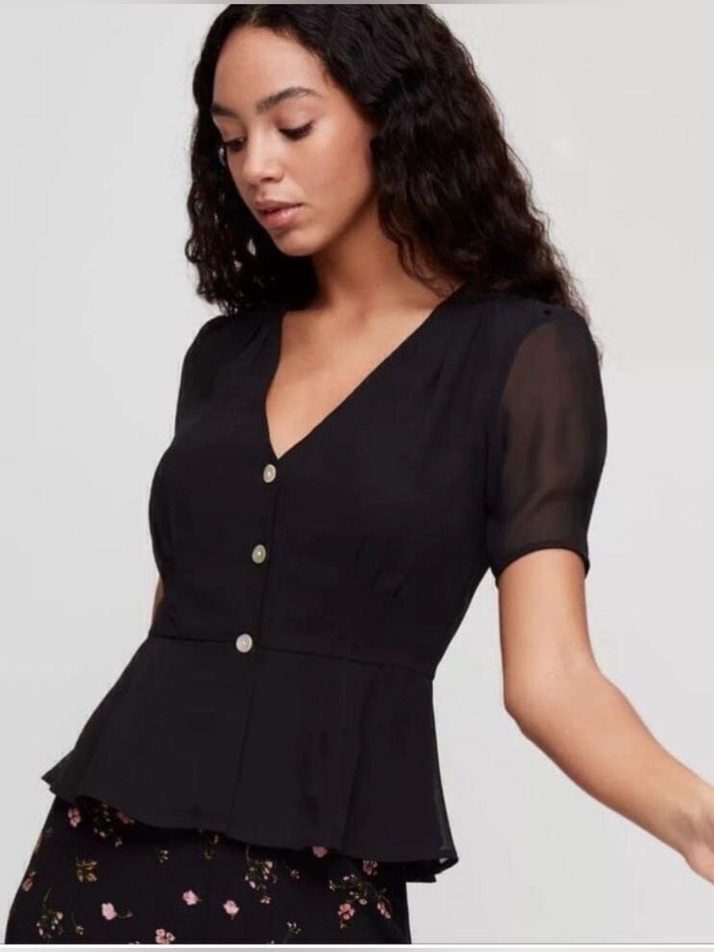 Wilfred Aritzia Black Minimalist Sheer Sleeve Button-Front Peplum Blouse